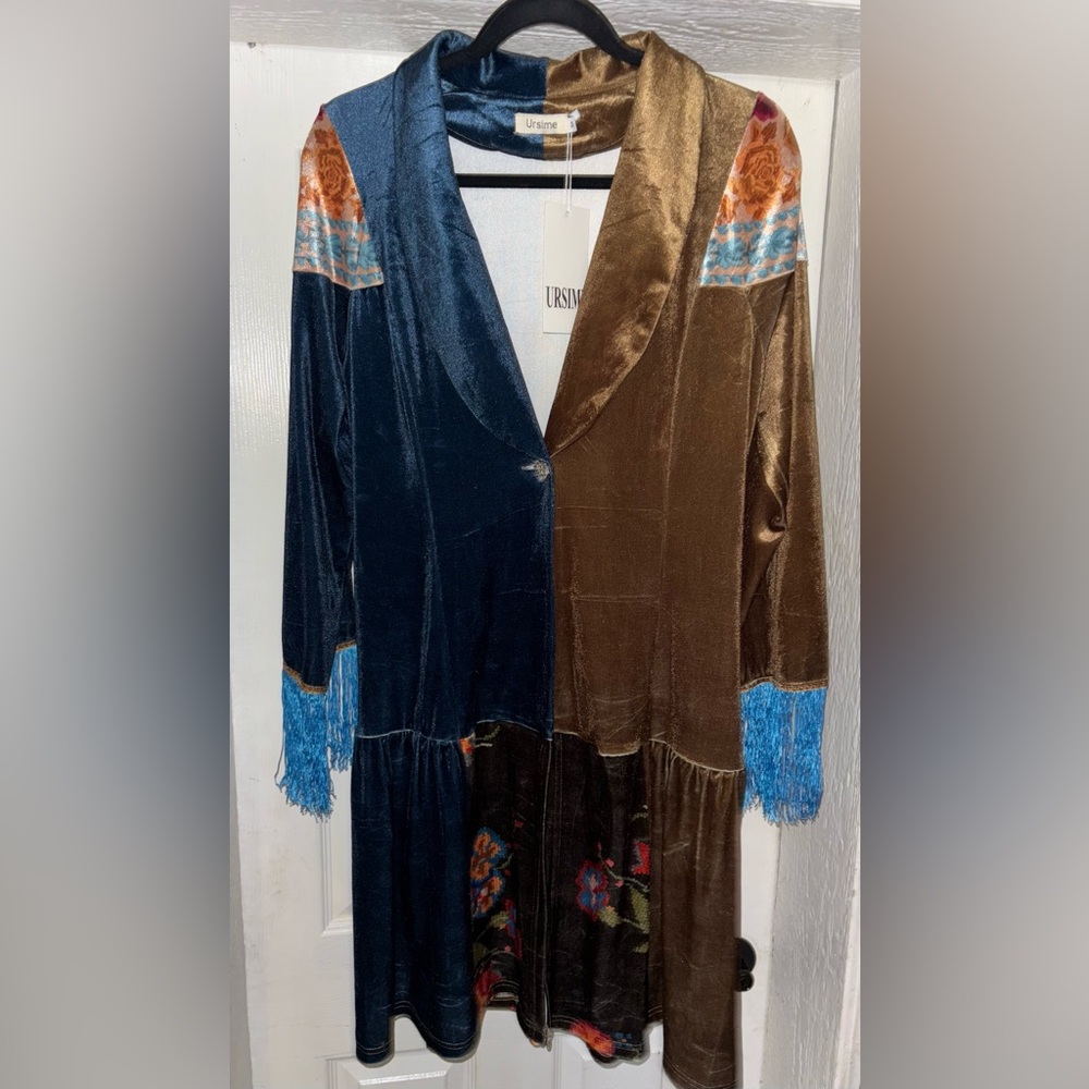 ✨ NWT Ursime Velvet Colorblock Boho Duster ✨ Fringe Sleeve Open Front | Size M